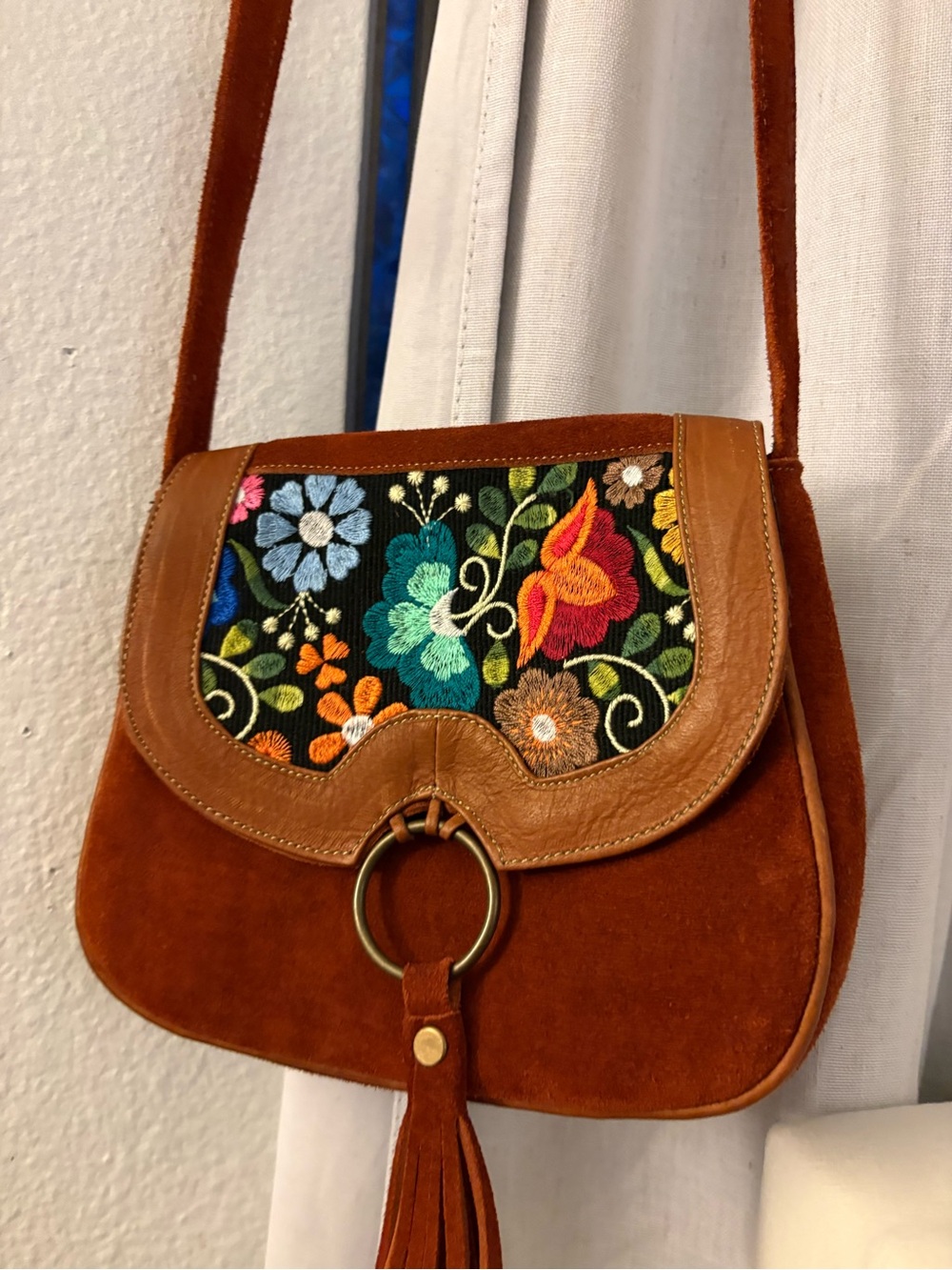Brown Suede Crossbody Bag with Floral Embroidered Flap - Picture 5 of 5